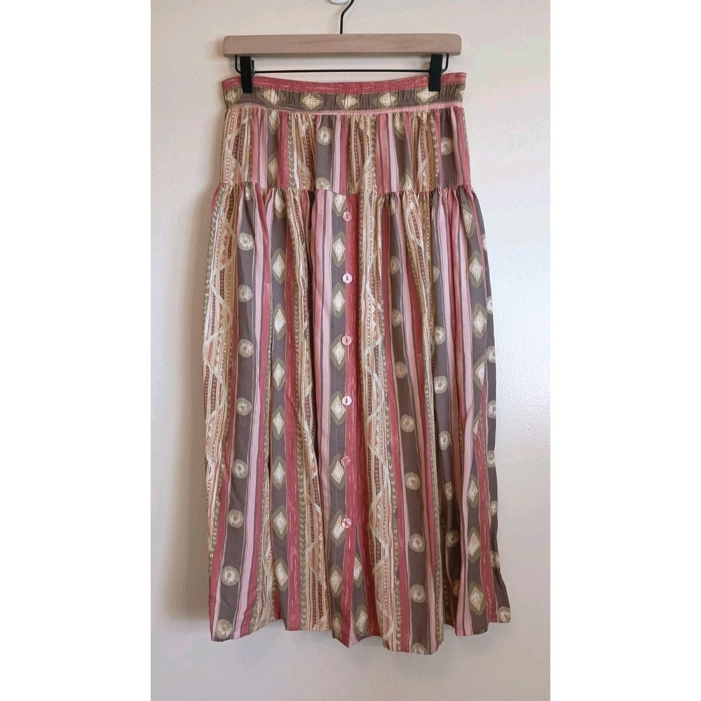 Vintage 90s Starfire Rayon Midi Skirt Boho Southwestern Button Front‎ M